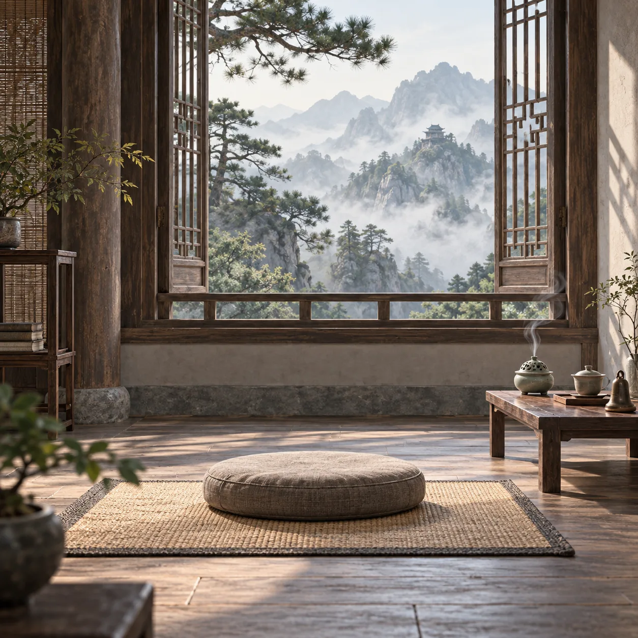 Coussin de méditation vide illustré dans une pièce claire et aérée, avec un petit diffuseur d’encens sur une table latérale