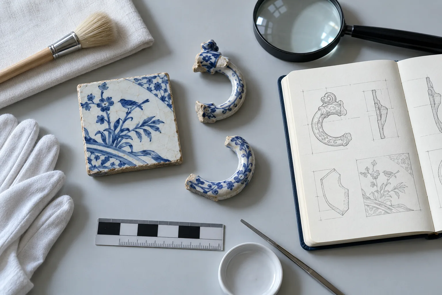 Photographie conceptuelle générée par IA, vue du dessus, de fragments de porcelaine fictifs, d’une loupe, de gants de conservation et d’un carnet d’étude ouvert