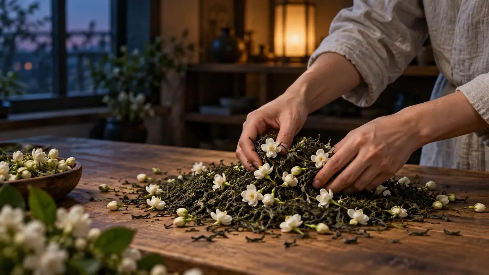 Dans un atelier imaginaire en soirée, des mains anonymes mélangent doucement des feuilles de thé vert foncé et des fleurs fraîches de jasmin blanc sur une table en bois
