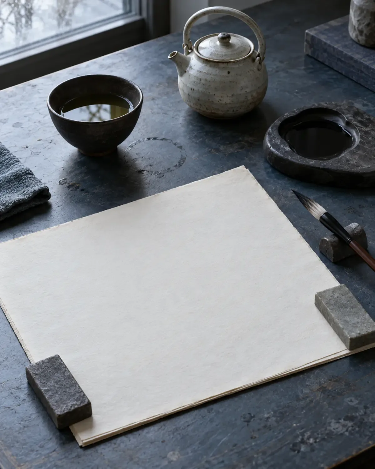 Nature morte conceptuelle générée par IA : bol à thé simple, petite bouilloire, feuille d’album vierge, pierre à encre et pinceau sur une table froide
