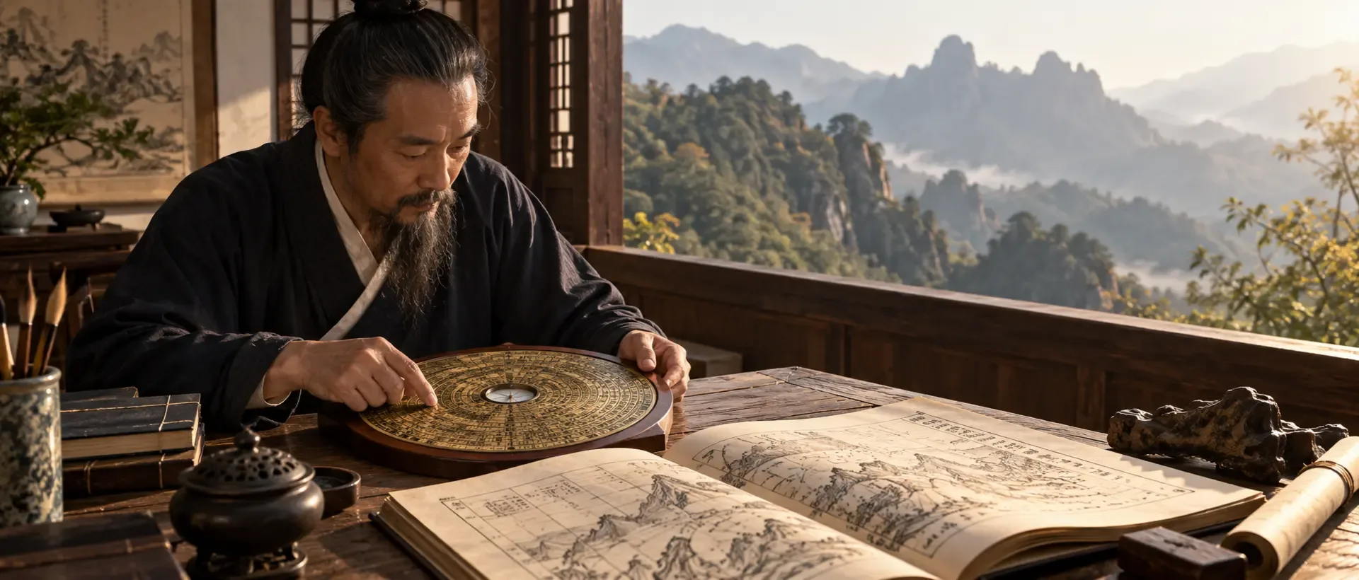 Un lettré étudie un luopan traditionnel et des cartes classiques près d’une fenêtre donnant sur les montagnes.