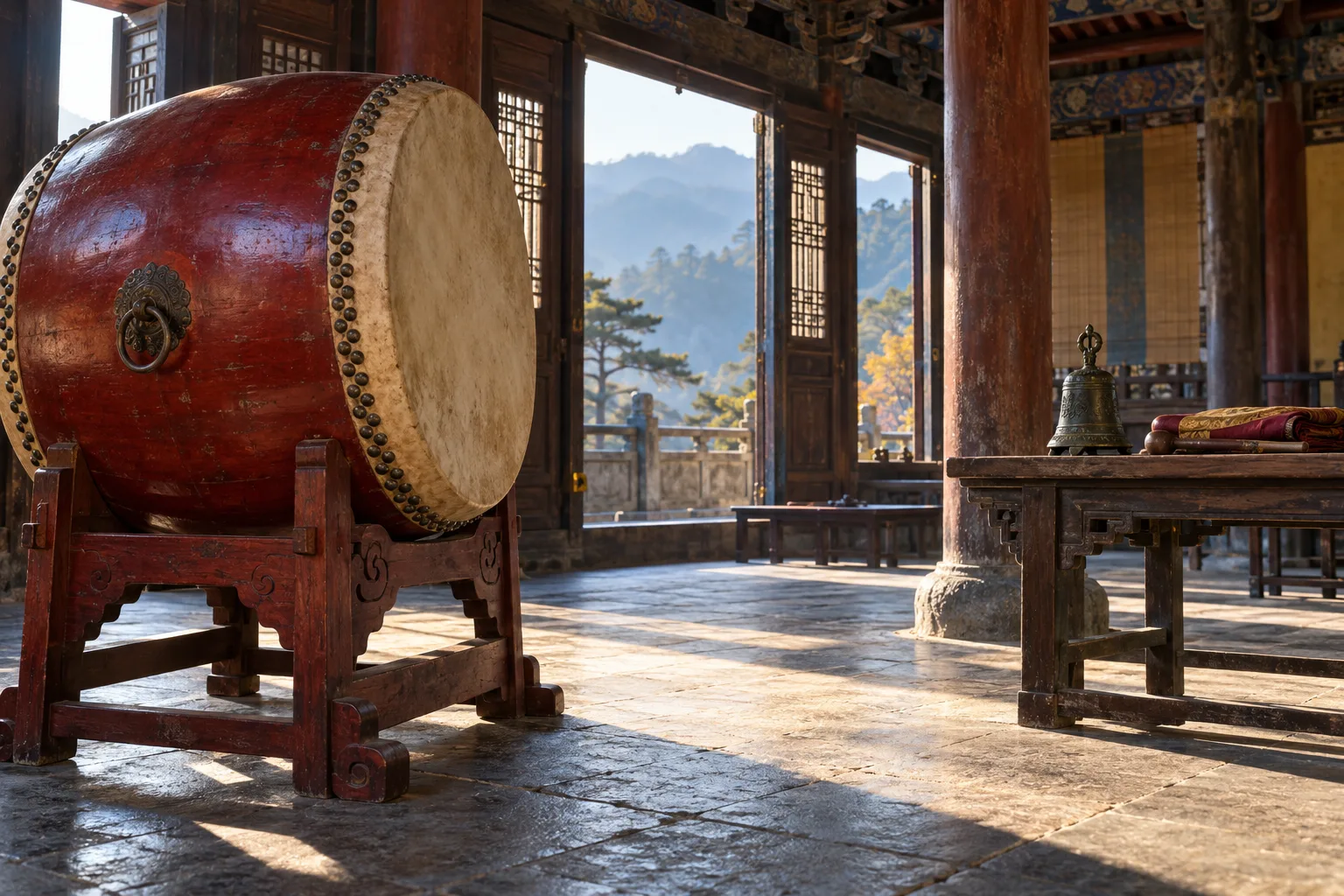 Photographie interprétative générée par IA d’une salle de temple de montagne fictive, avec un grand tambour rouge et une petite cloche de bronze préparés avant une cérémonie
