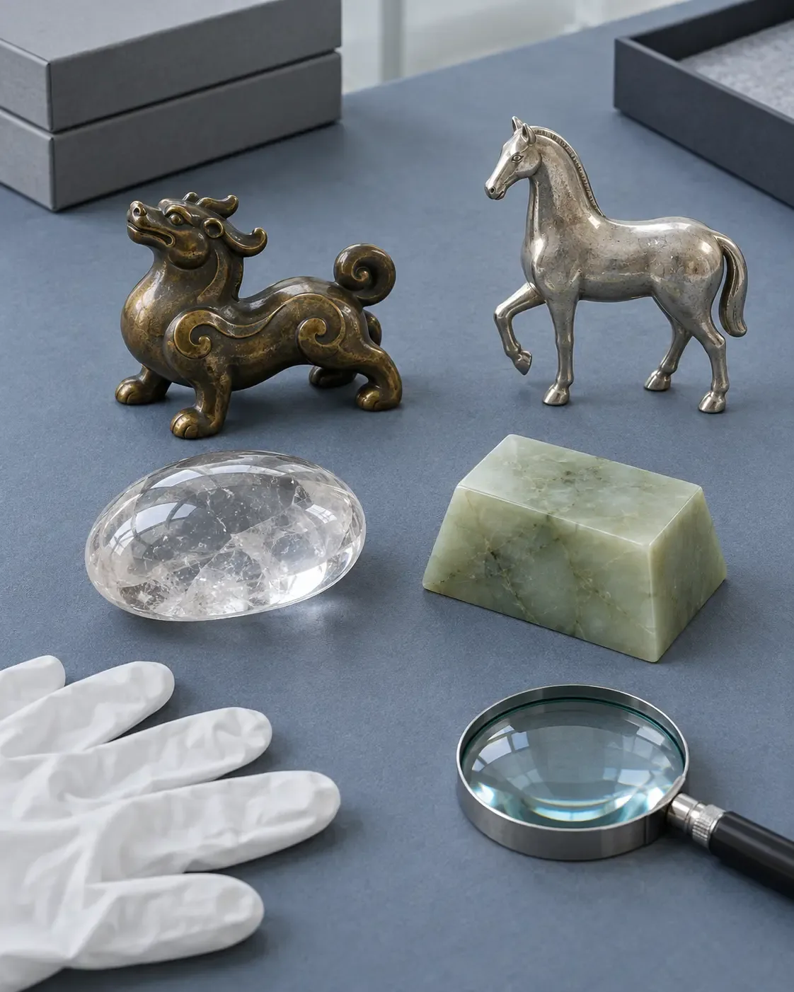 Photographie conceptuelle générée par IA de quatre presse-papiers chinois fictifs en bronze, argent, cristal de roche et pierre dure vert pâle dans une salle d’étude