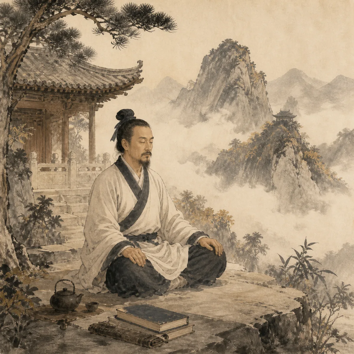 Ink-style illustration of a seated Taoist meditating on a rocky ledge above misty Wudang peaks