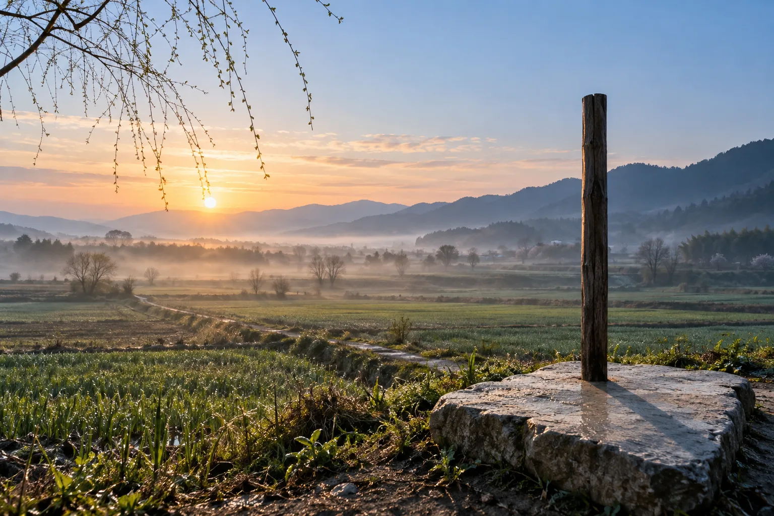 Champ de début de printemps généré par IA, avec un simple poteau d’observation projetant une longue ombre à l’aube
