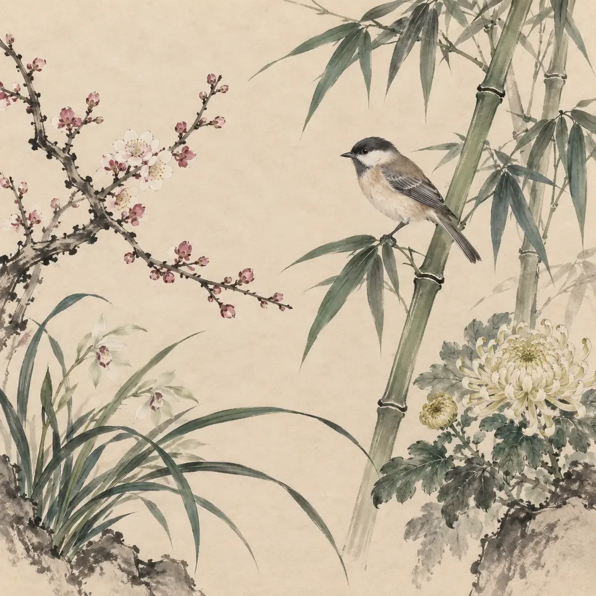 Étude à l’encre et aux couleurs légères d’un oiseau avec prunier, orchidée, bambou et chrysanthème