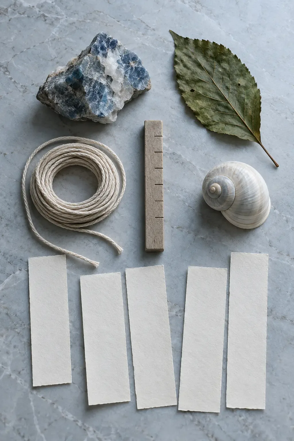 Cool overhead conceptual photograph of a mineral fragment, dried leaf, shell, measuring cord, unmarked wooden gauge and blank paper slips on pale stone.