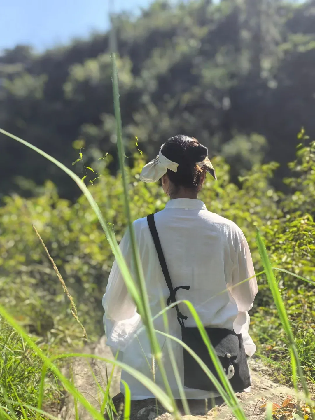 Vue de dos à travers les hautes herbes, une personne en chemise blanche et sac noir est assise face à un versant ensoleillé.