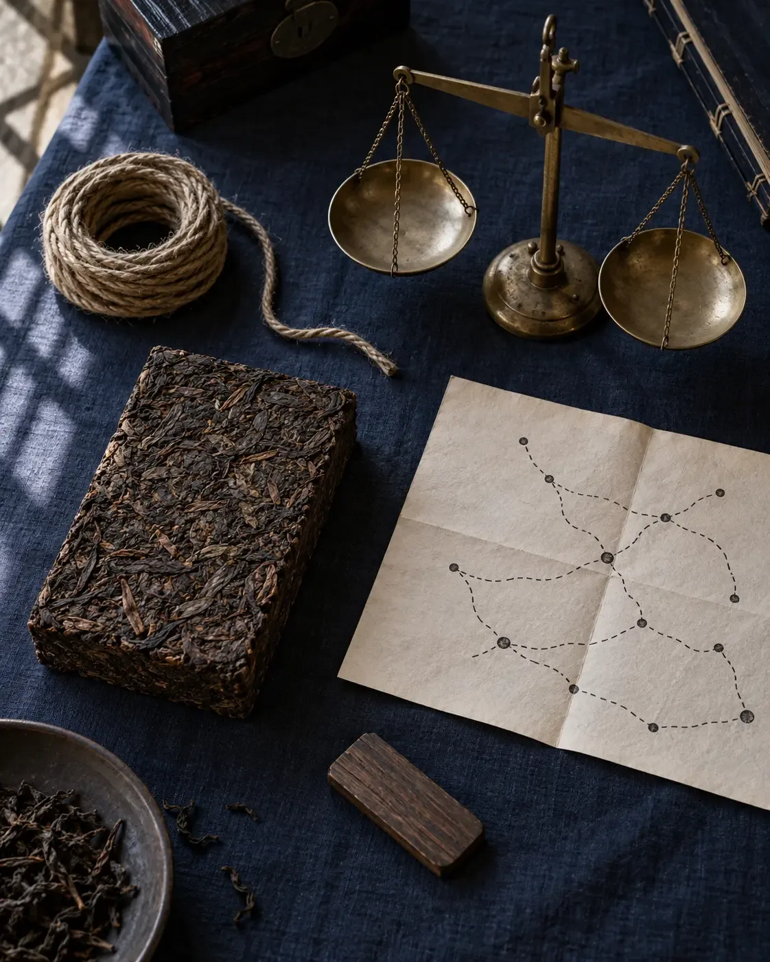 Photographie conceptuelle en plongée d’une brique de thé, d’une balance en laiton, d’une corde de chanvre et d’un schéma de réseau sans légende sur une table indigo