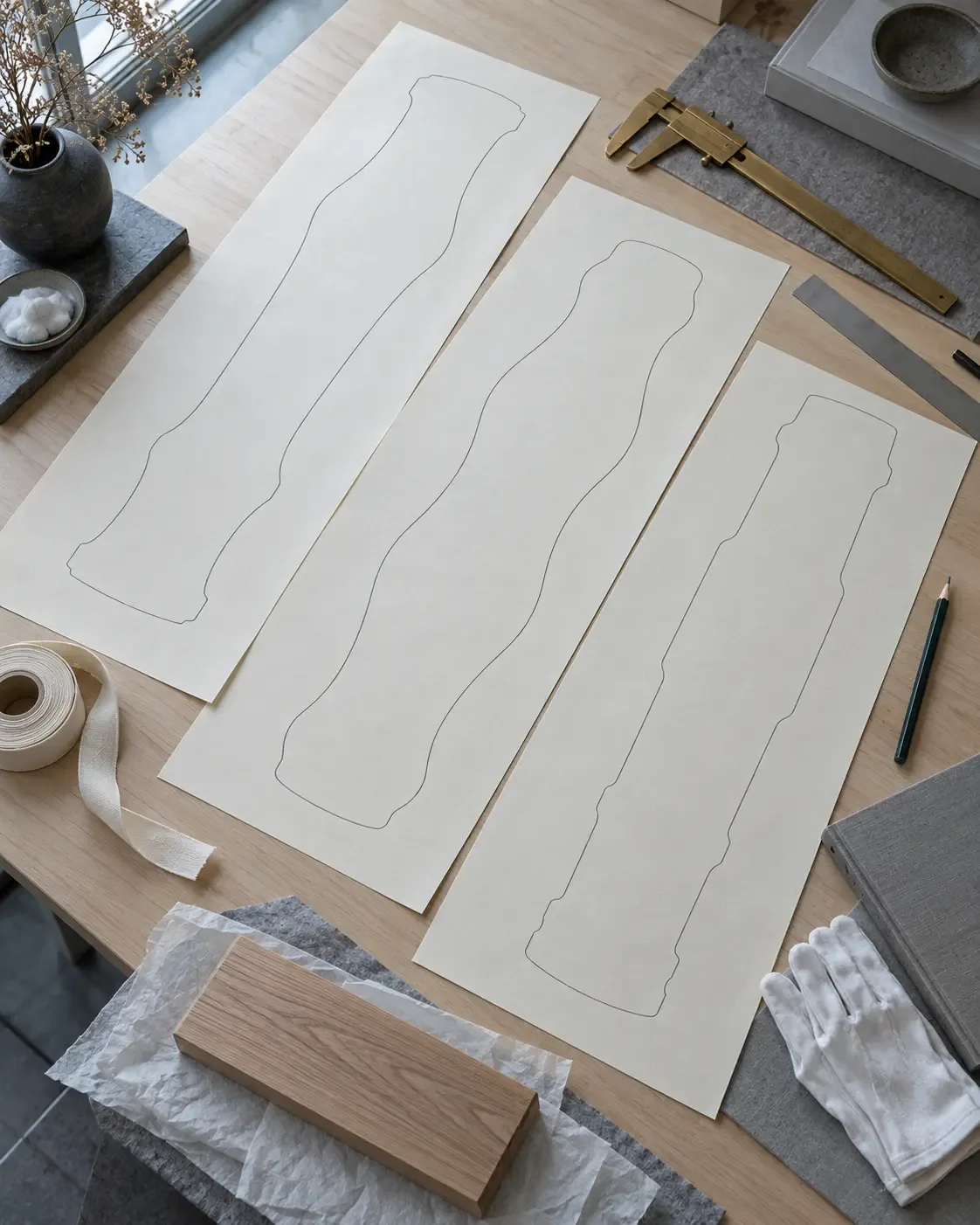 Photographie conceptuelle en plongée de trois patrons de papier vierges traçant des silhouettes fictives de guqin, avec pied à coulisse, ruban de coton, crayon et gants sur une table d’étude froide