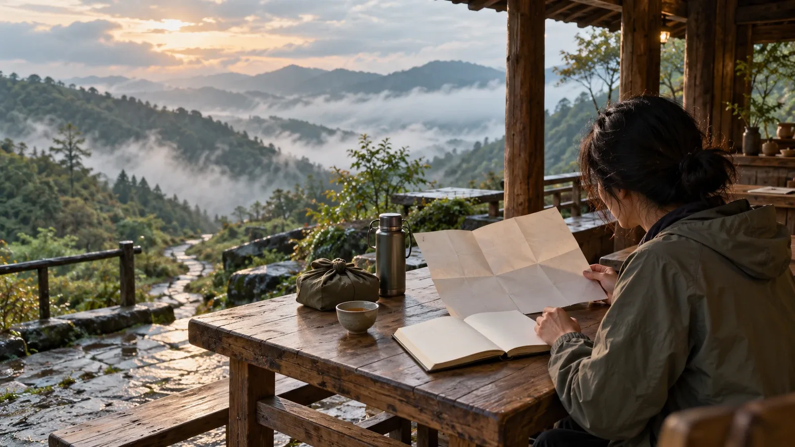 Voyageuse contemporaine lisant une carte et un carnet vierges près d’un thé dans un abri de montagne fictif après la pluie