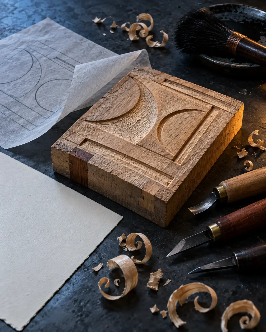 Conceptual still life of an invented abstract relief block, transfer tissue, carving tools, wood repair inserts and inking brush