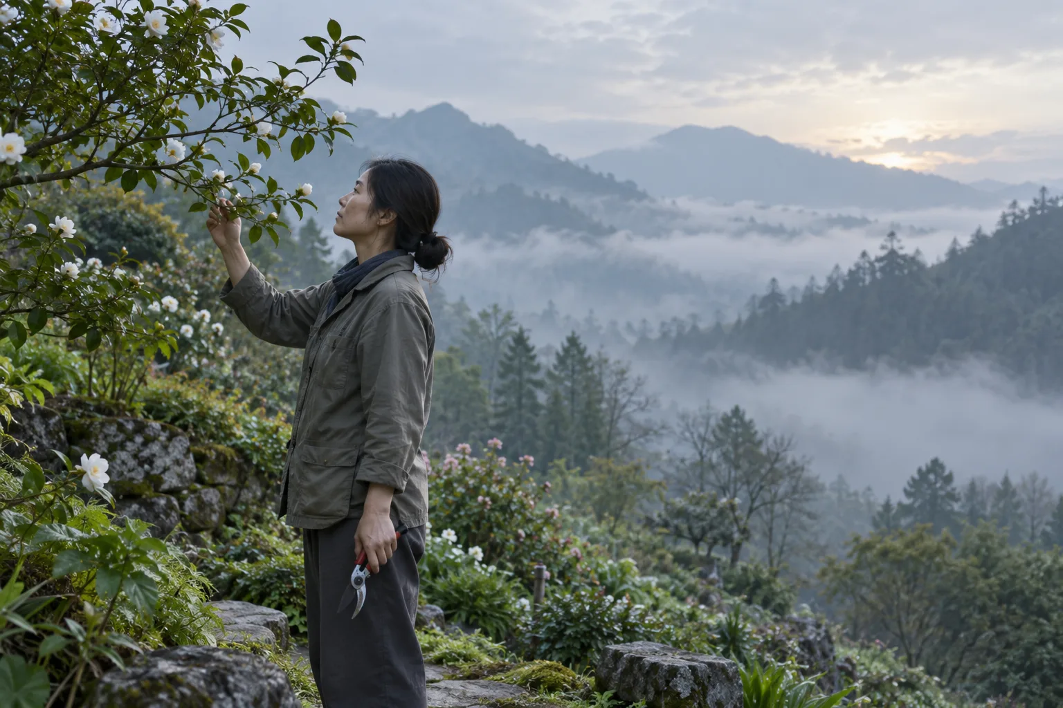 Jardinière contemporaine générée par IA observant une branche fleurie dans un jardin de montagne brumeux