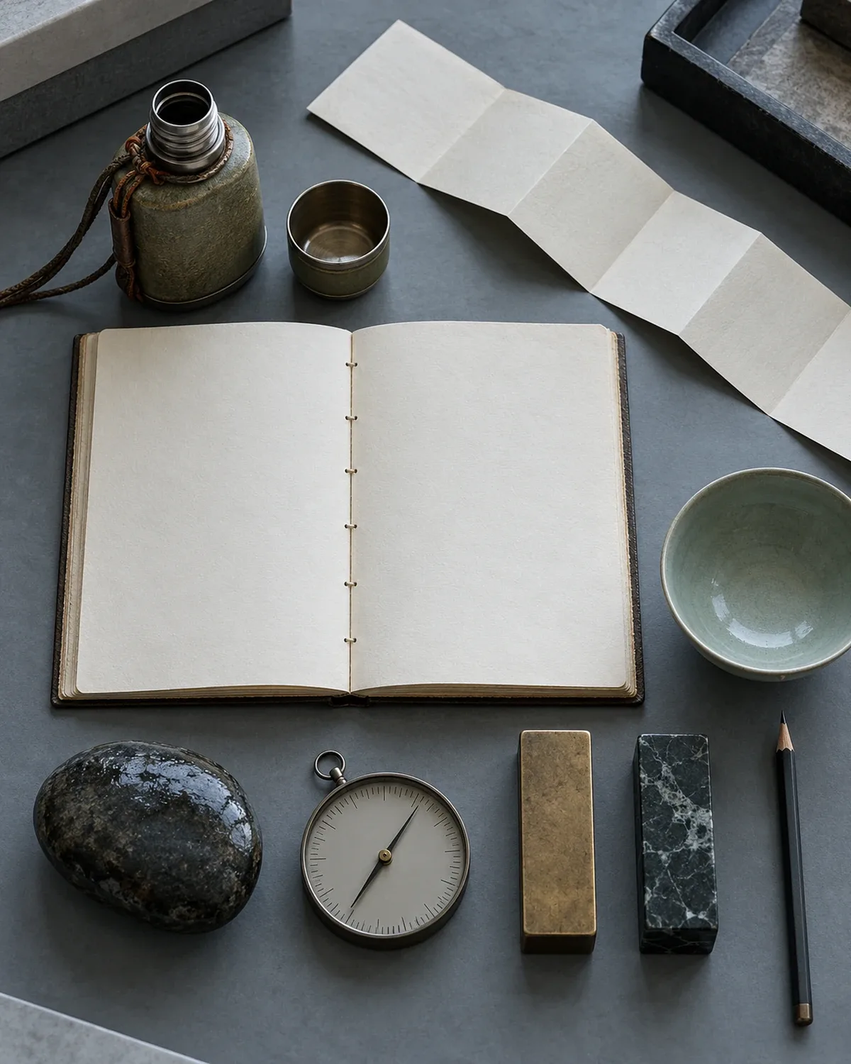Carnet cousu vierge, bande d’itinéraire pliée, gourde, bol à thé, pierre mouillée, boussole sans lettres et presse-papiers sur une table gris froid