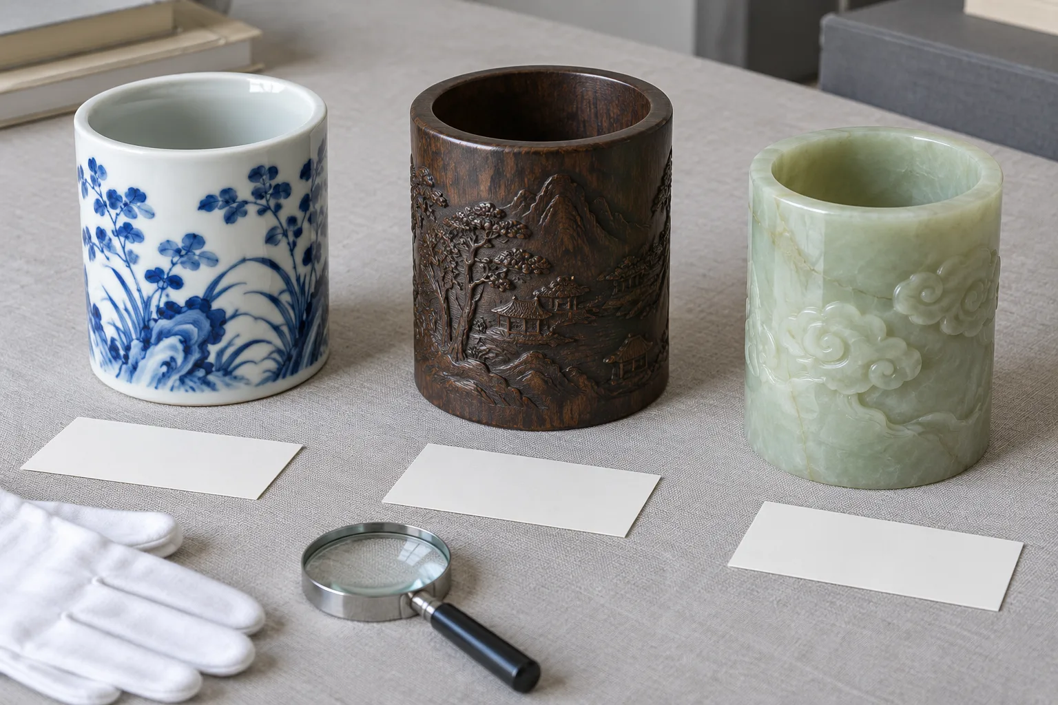 Photographie conceptuelle générée par IA comparant trois pots à pinceaux fictifs et vides en porcelaine bleu et blanc, bois sombre sculpté et pierre vert pâle