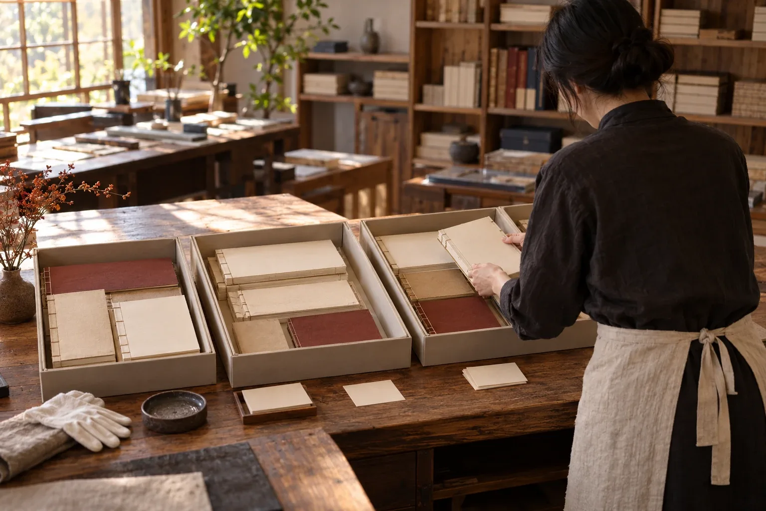 概念照片:暖色工作室中,一位不具名的當代編目人員把空白線裝書樣分放進四隻檔案托盤