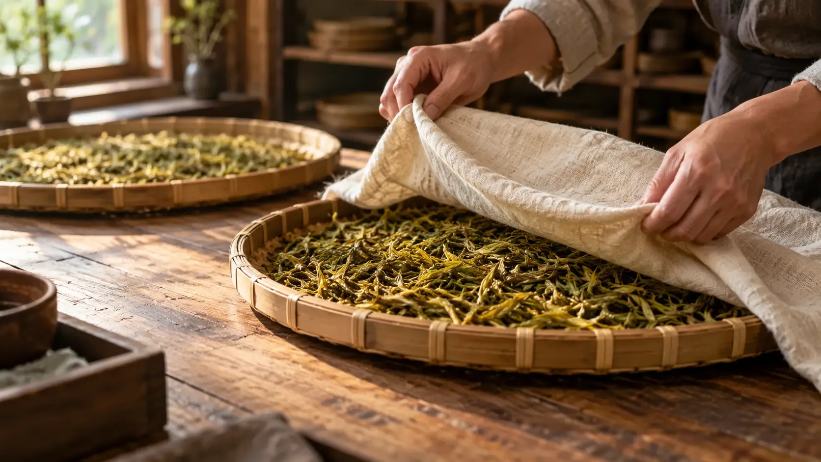 Des mains anonymes soulèvent un linge uni au-dessus d’un plateau de feuilles olive et or dans un atelier chaleureux imaginaire