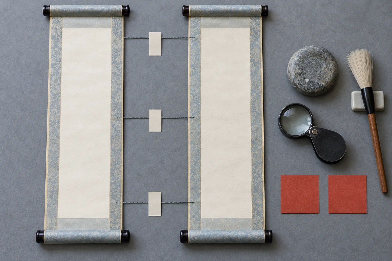 Étude de conservation générée par IA, vue de dessus, avec deux rouleaux appariés vierges, fils d’alignement et outils de musée