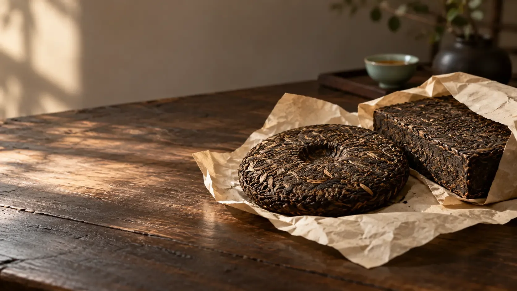 Photographie conceptuelle d’une galette ronde et d’une brique rectangulaire de thé, sans marque, posées sur du papier