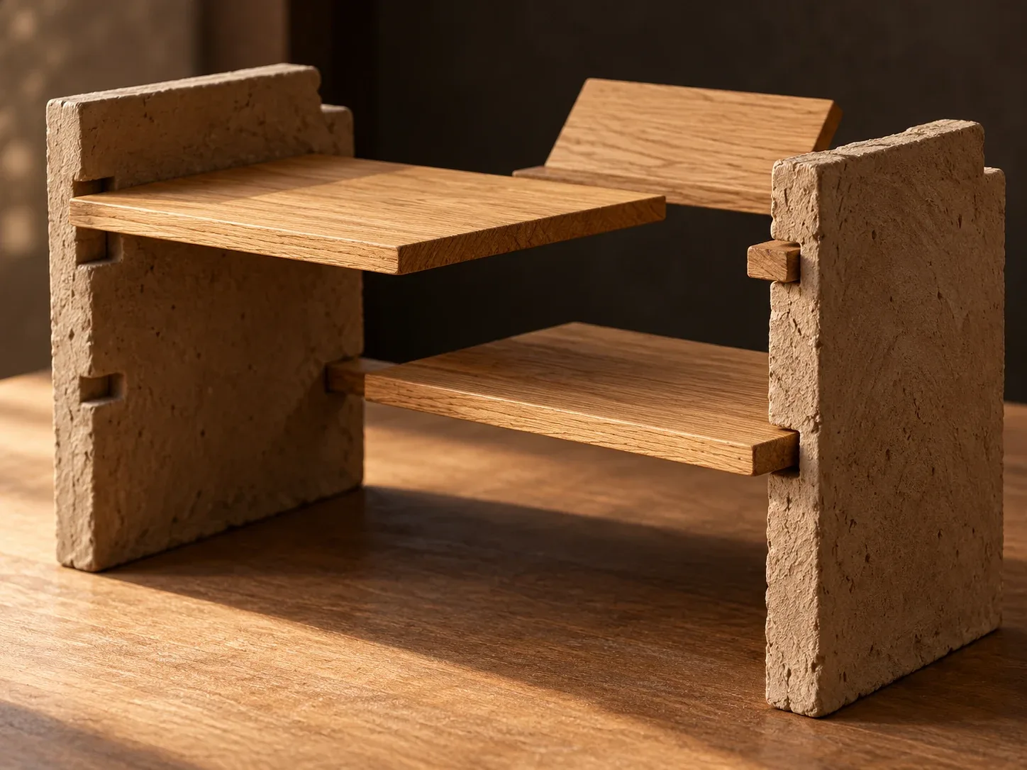 A warm contemporary design maquette with clay side walls and removable oak boards arranged as writing surface and seat.