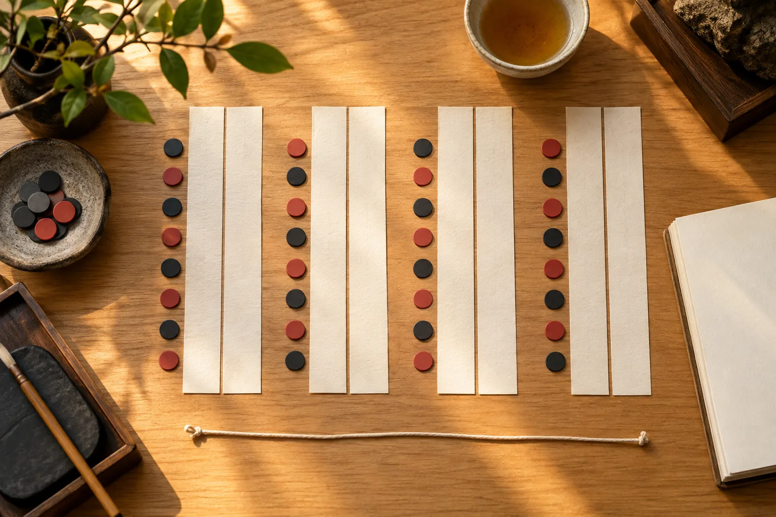 Photographie conceptuelle générée par IA, vue du dessus, montrant huit bandes de papier vierges appariées et des marqueurs rouges et noirs pour analyser la structure du vers