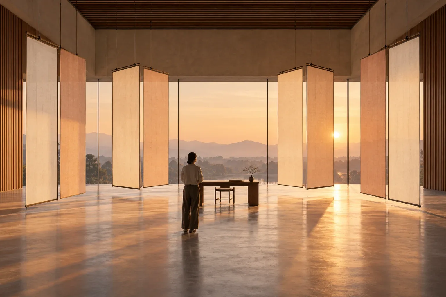 An anonymous contemporary adult faces a workstation surrounded by eight blank translucent panels in a warm modern studio.