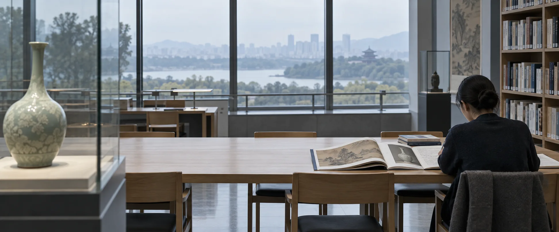 Bibliothèque de recherche moderne générée par IA, avec lectrice, livres d’art ouverts et vase-bouteille en vitrine