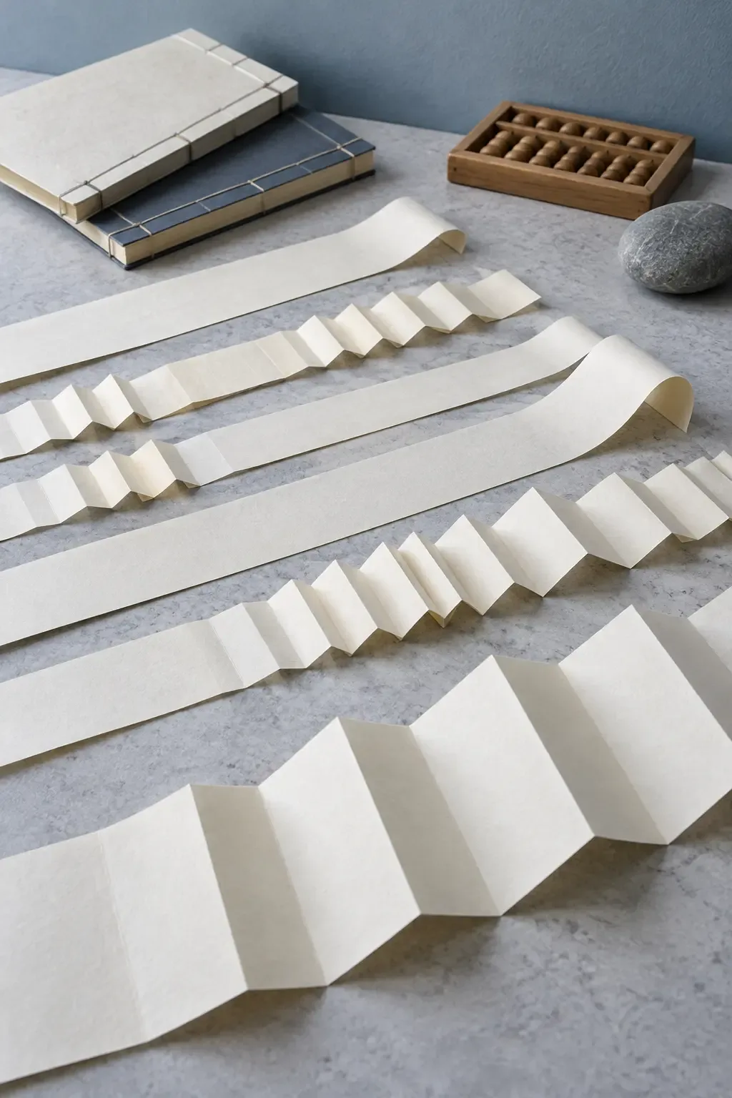 Nature morte conceptuelle aux tons froids : papiers pliés vierges, livres blancs cousus, petit cadre de comptage en bois et pierre sur une table de lettré.