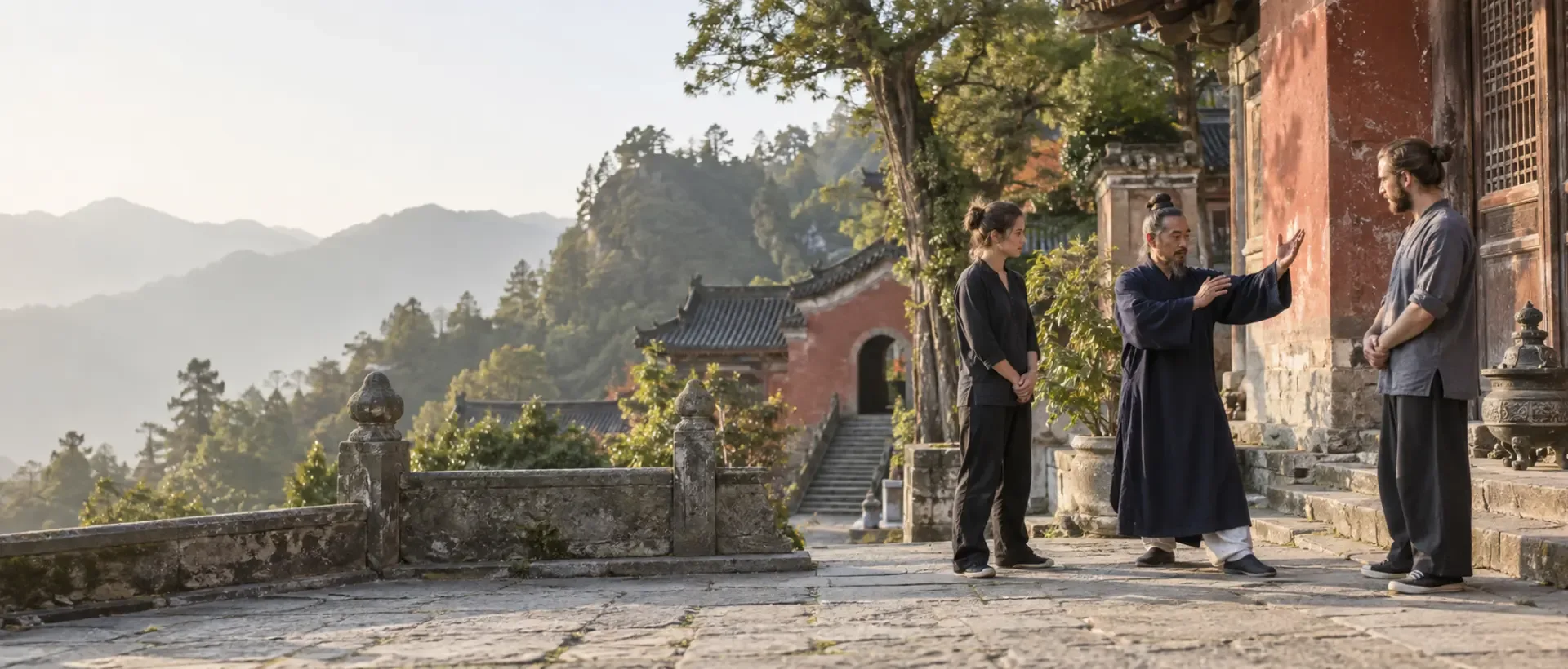 Un maître taoïste partage un moment de pratique avec ses élèves dans la cour d’un temple historique de Wudang.