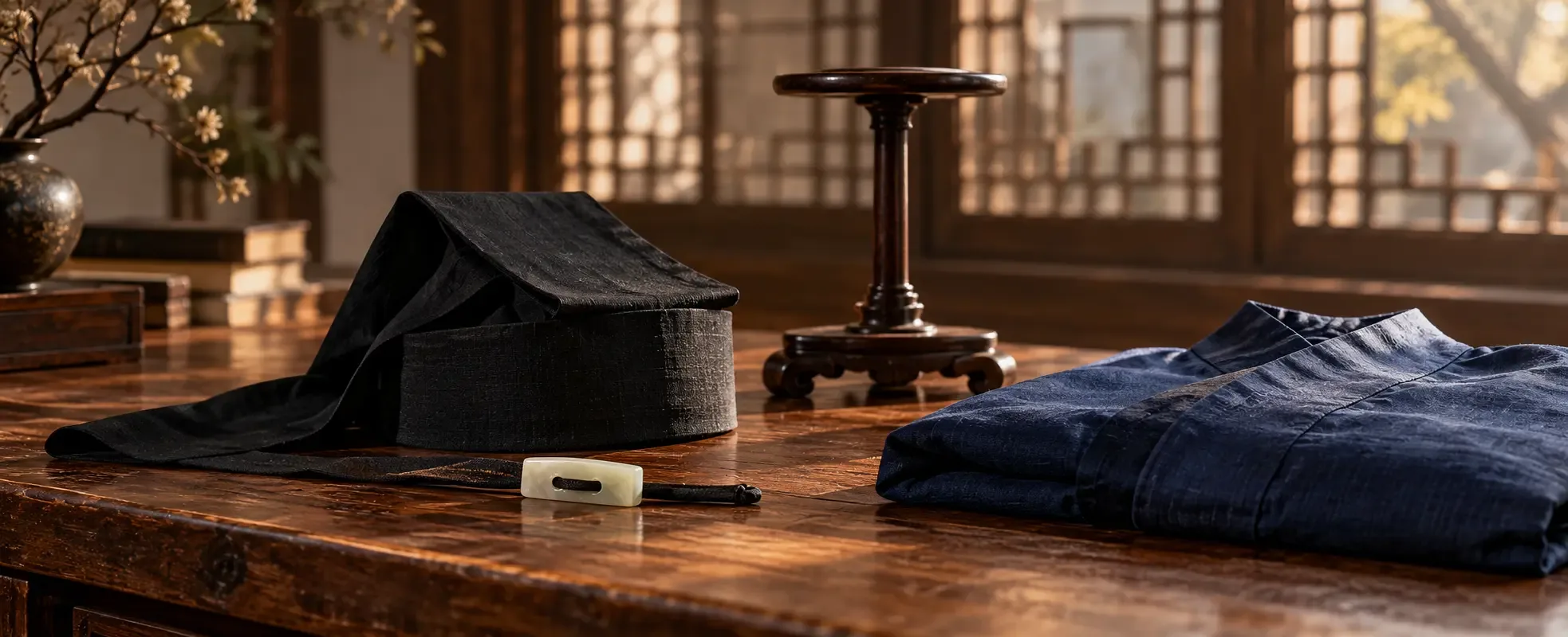 Photographie conceptuelle d’une coiffe noire fictive, d’une attache en jade pâle et d’une robe indigo pliée sur une table d’étude en bois