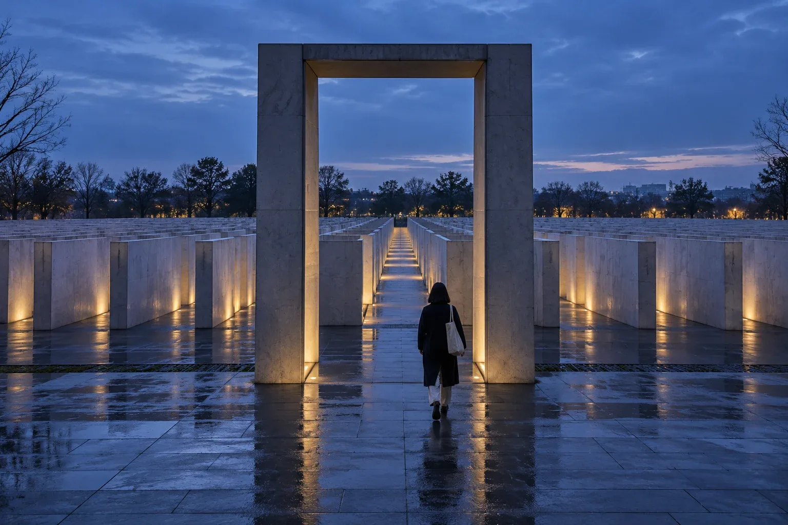 An anonymous contemporary visitor crosses an abstract gateway toward repeated pale stone bays in a rain-wet blue-hour installation.