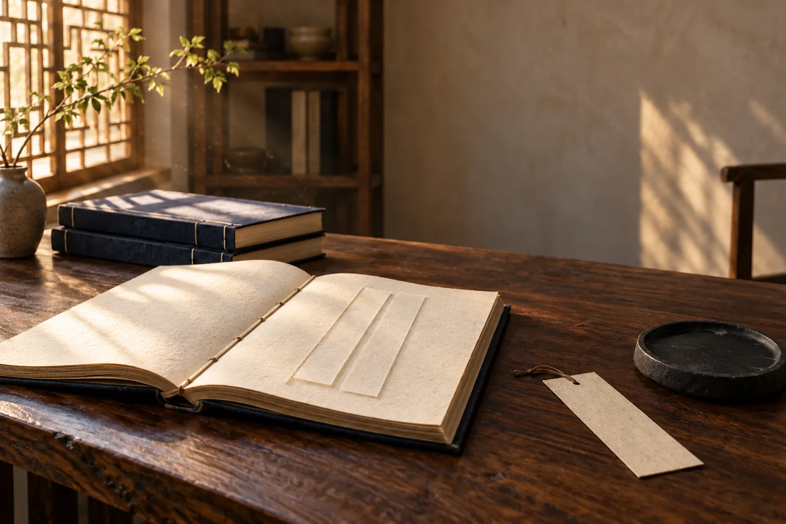 Nature morte de salle de lecture générée par IA avec un livre relié ouvert et vierge, trois bandes de papier vierges et des volumes indigo