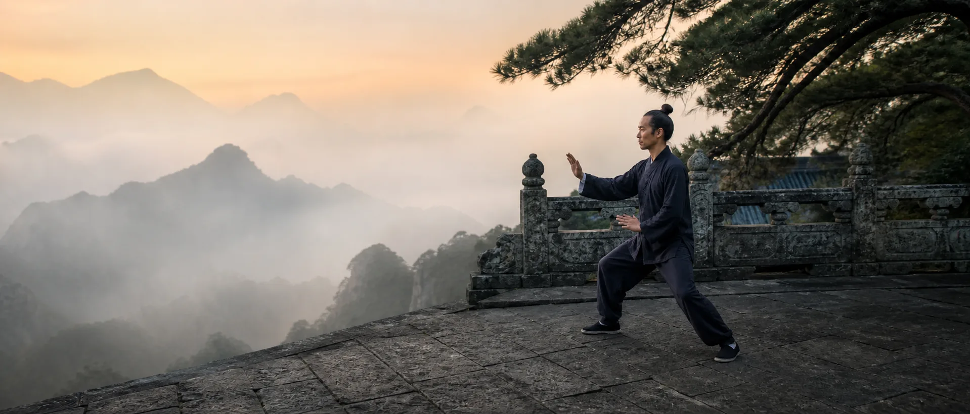 A practitioner performs a Wudang movement exercise on a stone terrace overlooking mist-covered mountains