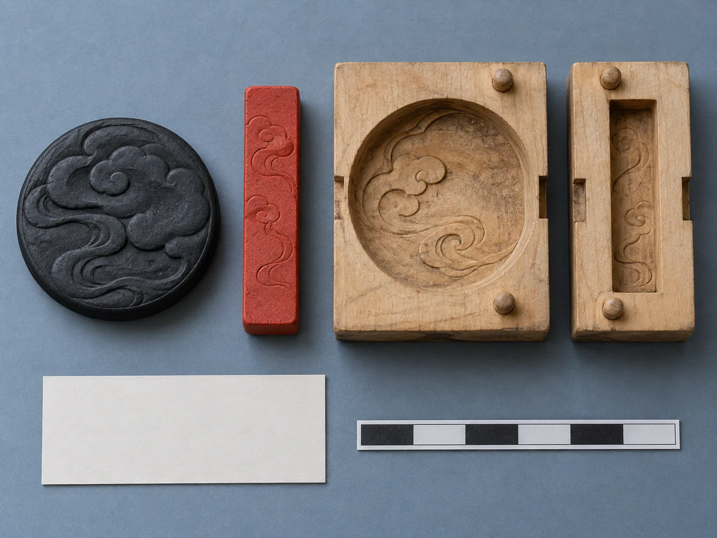Photographie conceptuelle générée par IA, vue de dessus, d’un gâteau d’encre noir rond fictif, d’un bâton rouge, de deux moules en bois sculpté, d’une fiche vierge et d’une échelle