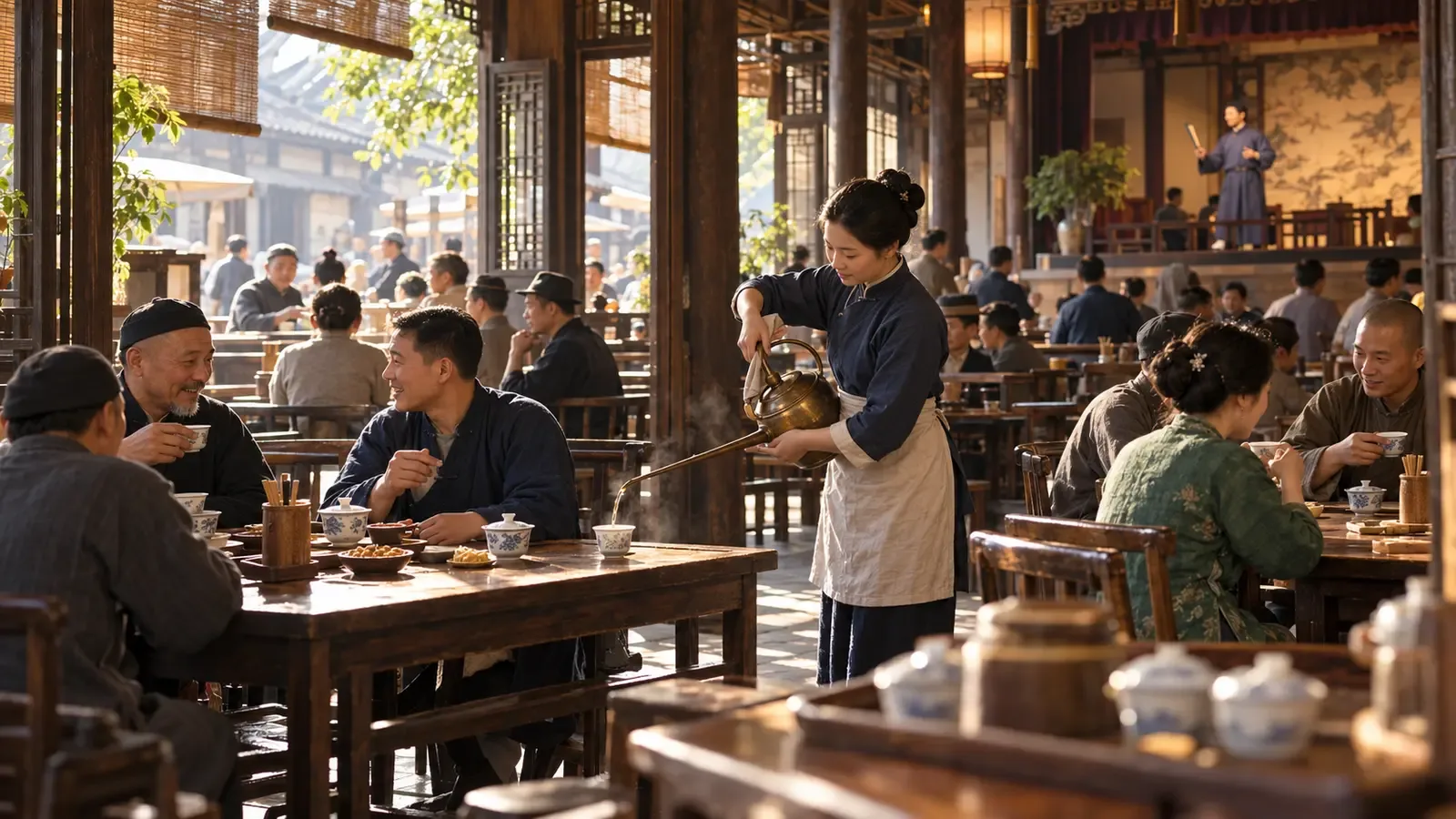 Photographie conceptuelle générée par IA d’une maison de thé urbaine imaginée, avec clients, serveur et coin de spectacle