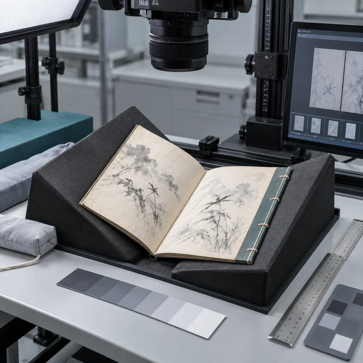 Photographie conceptuelle générée par IA d’un volume fictif relié par fil, posé sur un berceau de conservation sous un appareil de numérisation