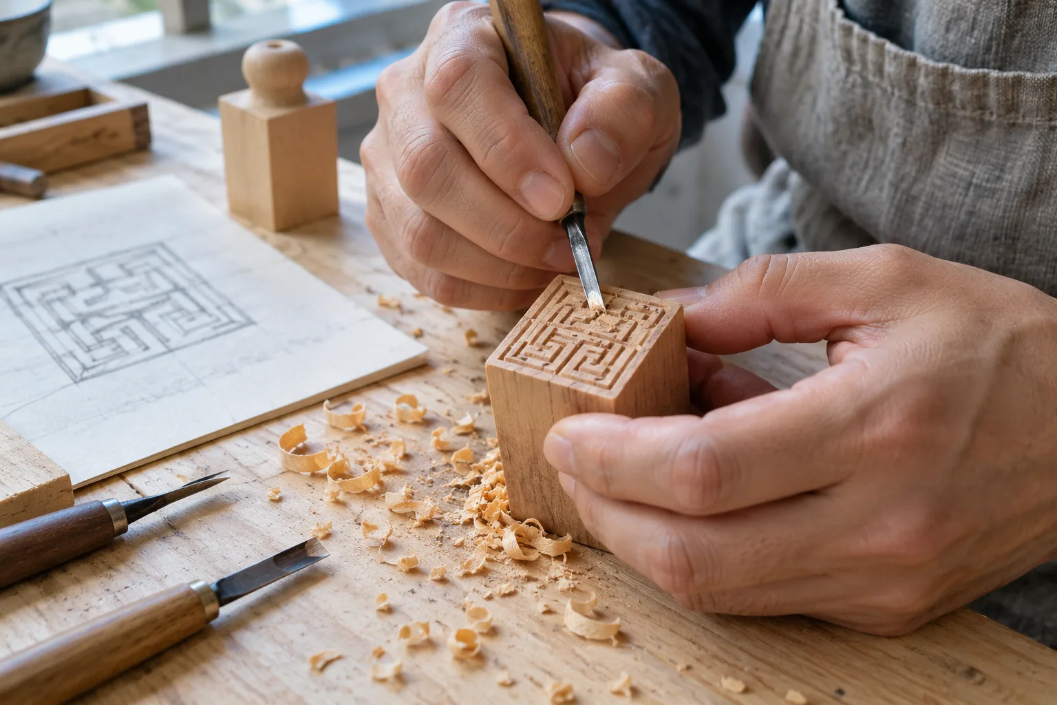 Gros plan conceptuel généré par IA d’un artisan gravant un motif inversé fictif dans une ébauche de sceau en bois sur un établi lumineux
