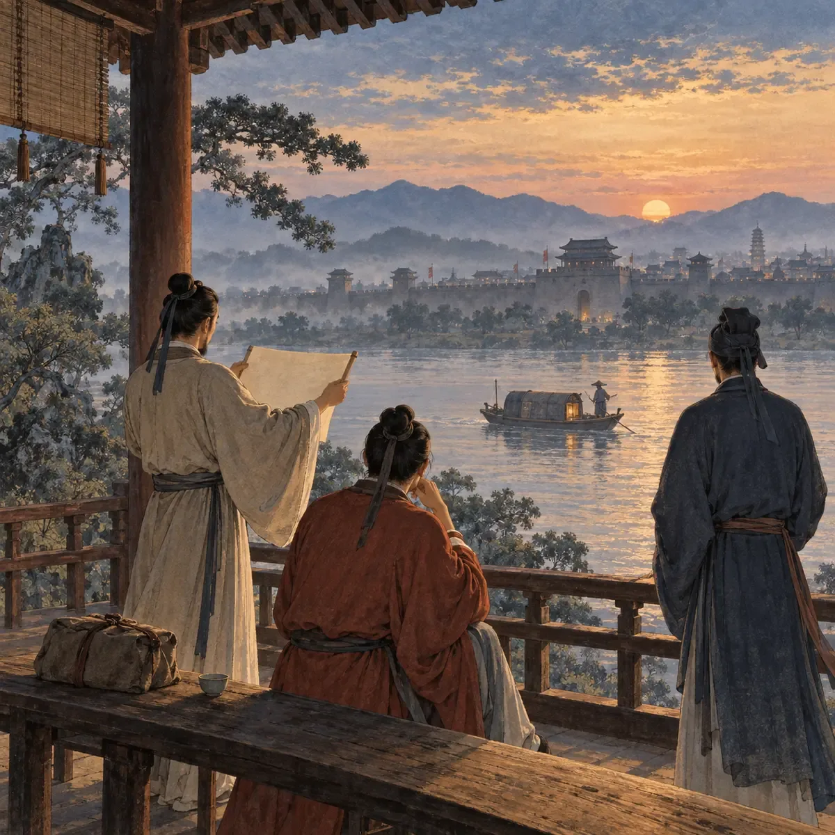 Trois personnages anonymes en robe échangent autour d’un rouleau vierge dans un pavillon au bord du fleuve au crépuscule