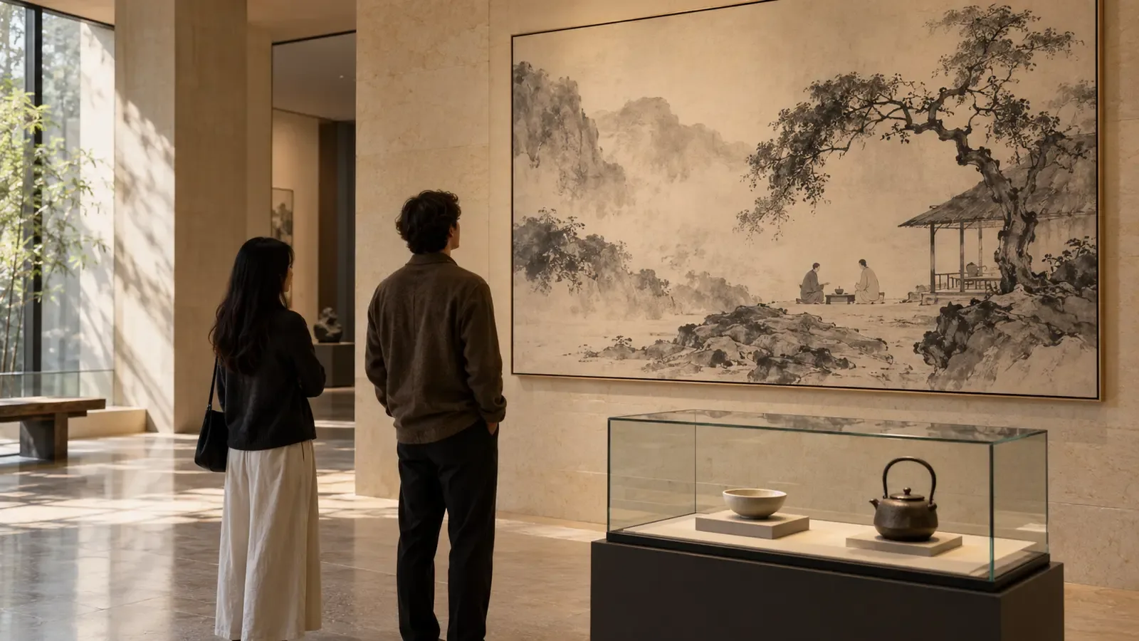 Photographie conceptuelle générée par IA de deux visiteurs anonymes étudiant une peinture à l’encre inventée sur le thé près d’une vitrine