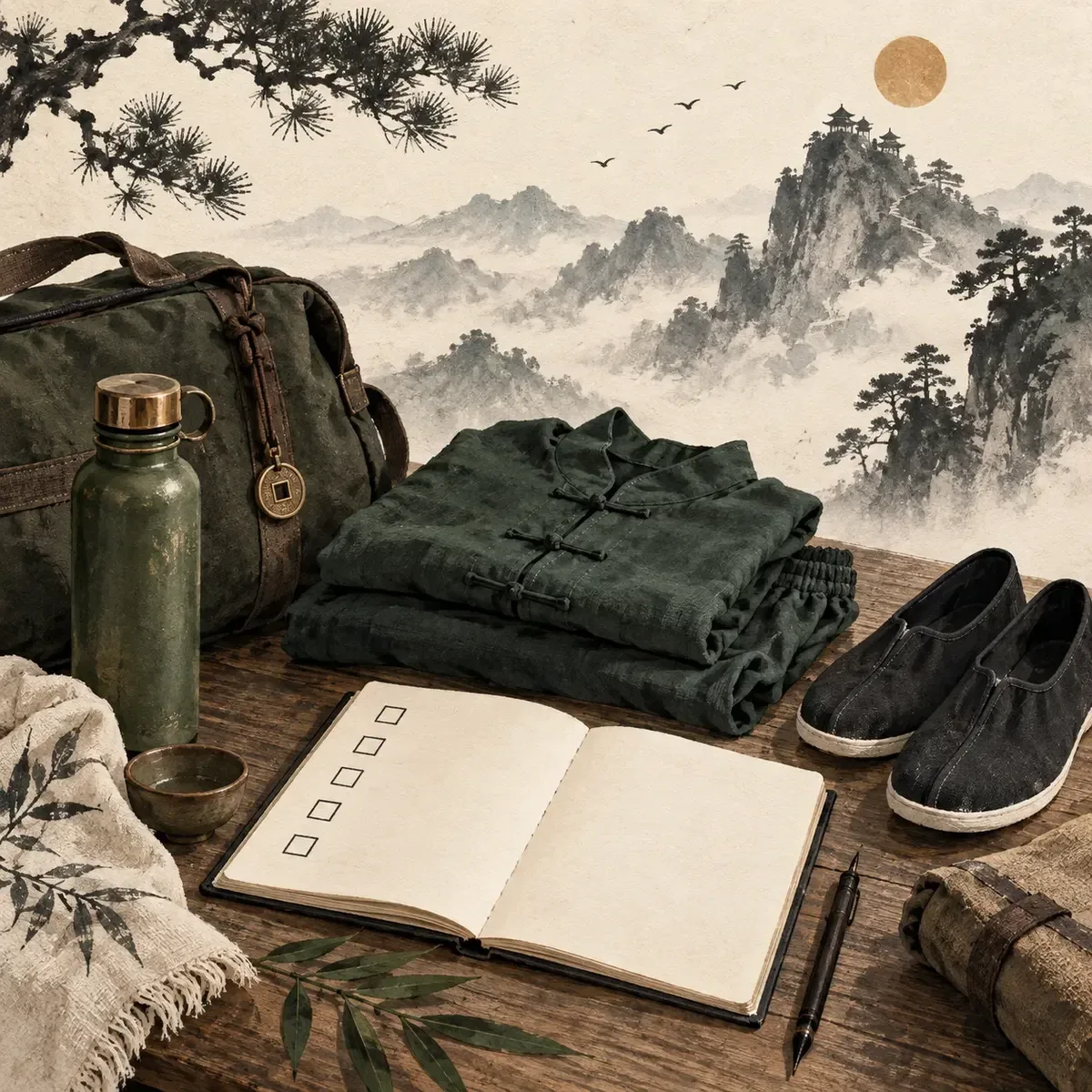 Sac de voyage, tenue, chaussures et liste ouverte illustrés pour préparer un stage martial