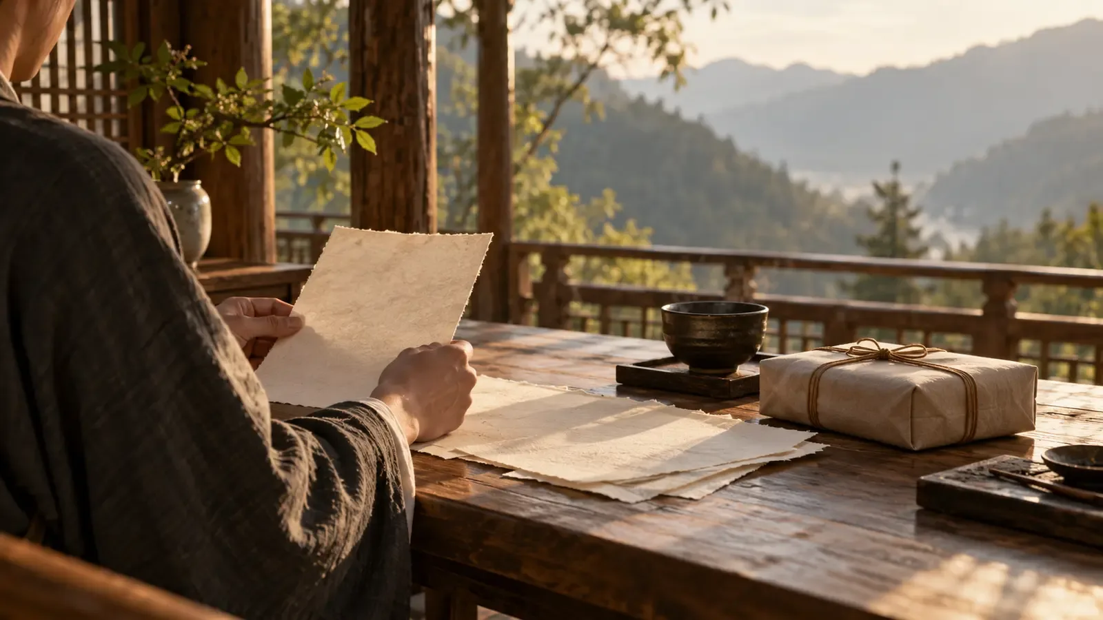Un lecteur anonyme étudie des feuillets poétiques fictifs et sans inscription près d’un bol de thé et d’un paquet-cadeau scellé dans un pavillon chaleureux