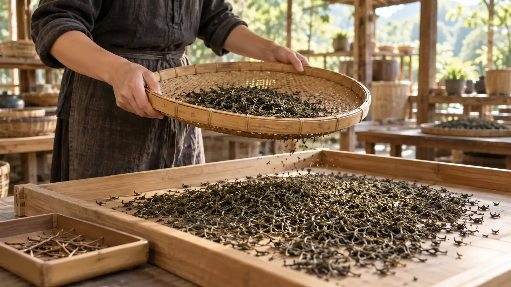 Conceptual photograph of an anonymous adult shaking a bamboo sieve above a wooden tea-sorting table in a fictional airy workshop
