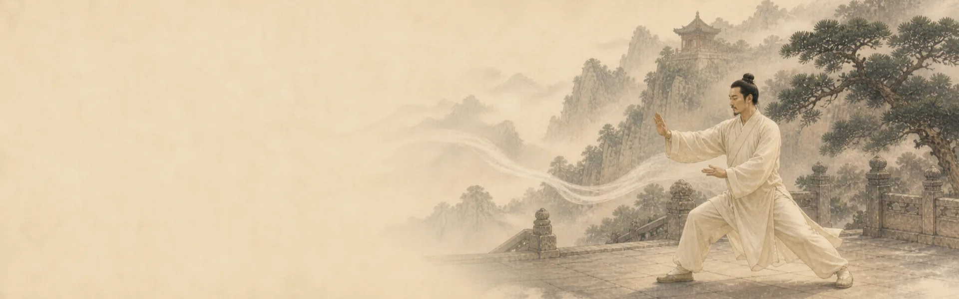 Ink-wash-style scene of a practitioner performing Taijiquan on a misty mountain terrace