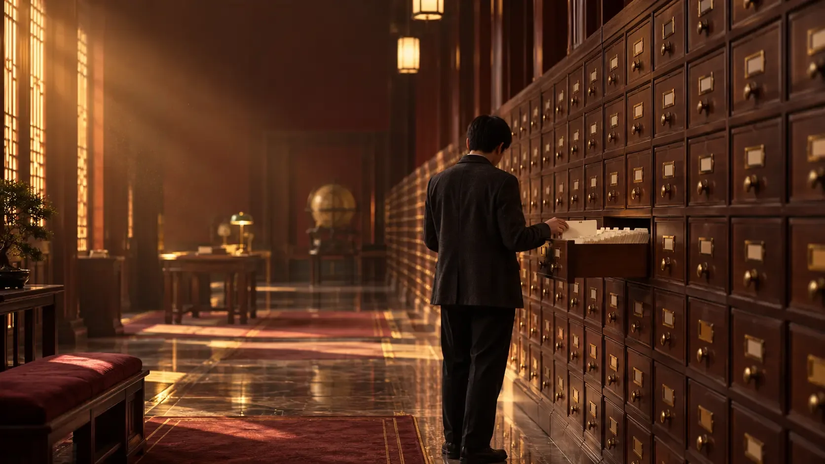 Warm conceptual photograph of an anonymous contemporary researcher opening a drawer of blank index cards in a fictional wooden catalogue corridor.