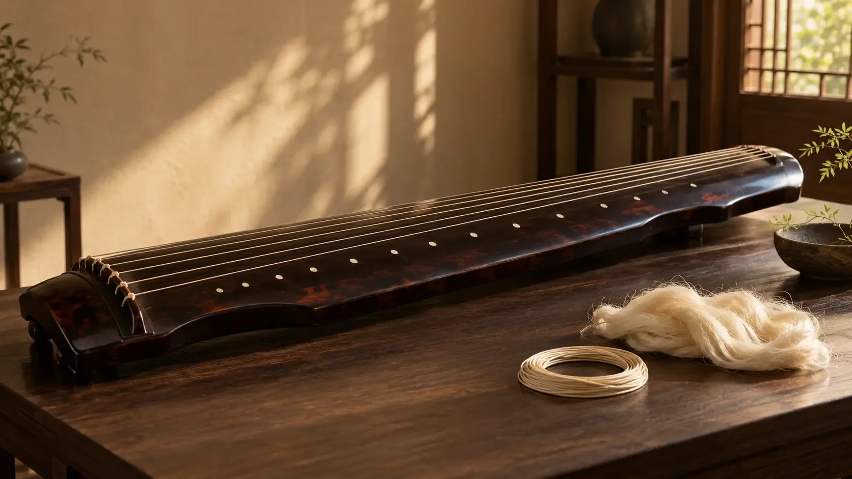 Photographie conceptuelle d’un guqin fictif à sept cordes, avec fibres de soie brutes et cordon clair enroulé sous une lumière chaude.