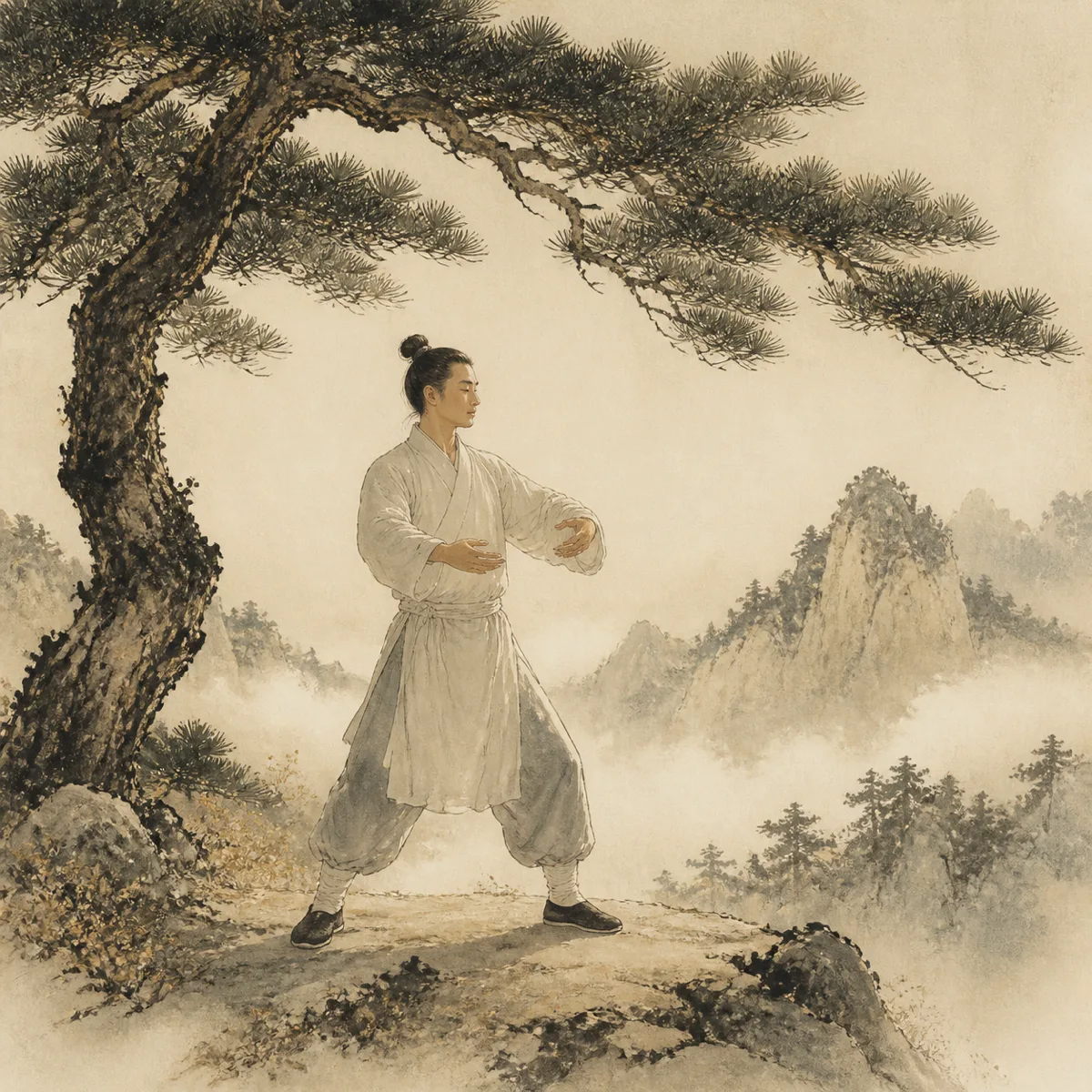 Ink-style illustration of a practitioner holding a standing posture beneath pine trees