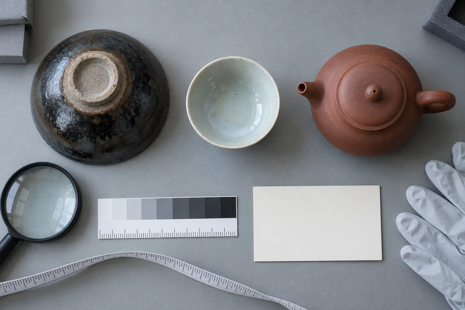 Table d’étude muséale conceptuelle générée par IA, vue du dessus, comparant pied, glaçure et forme de trois ustensiles chinois fictifs