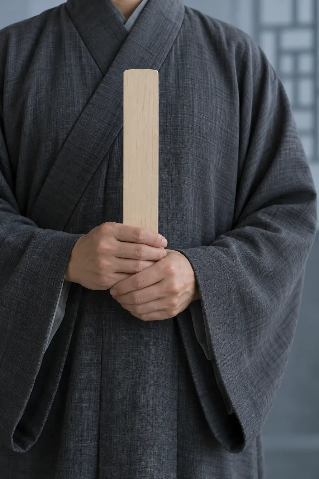 Photographie conceptuelle recadrée d’un adulte fictif en robe grise sobre à col croisé, tenant verticalement une tablette de bois vierge sur fond de studio froid