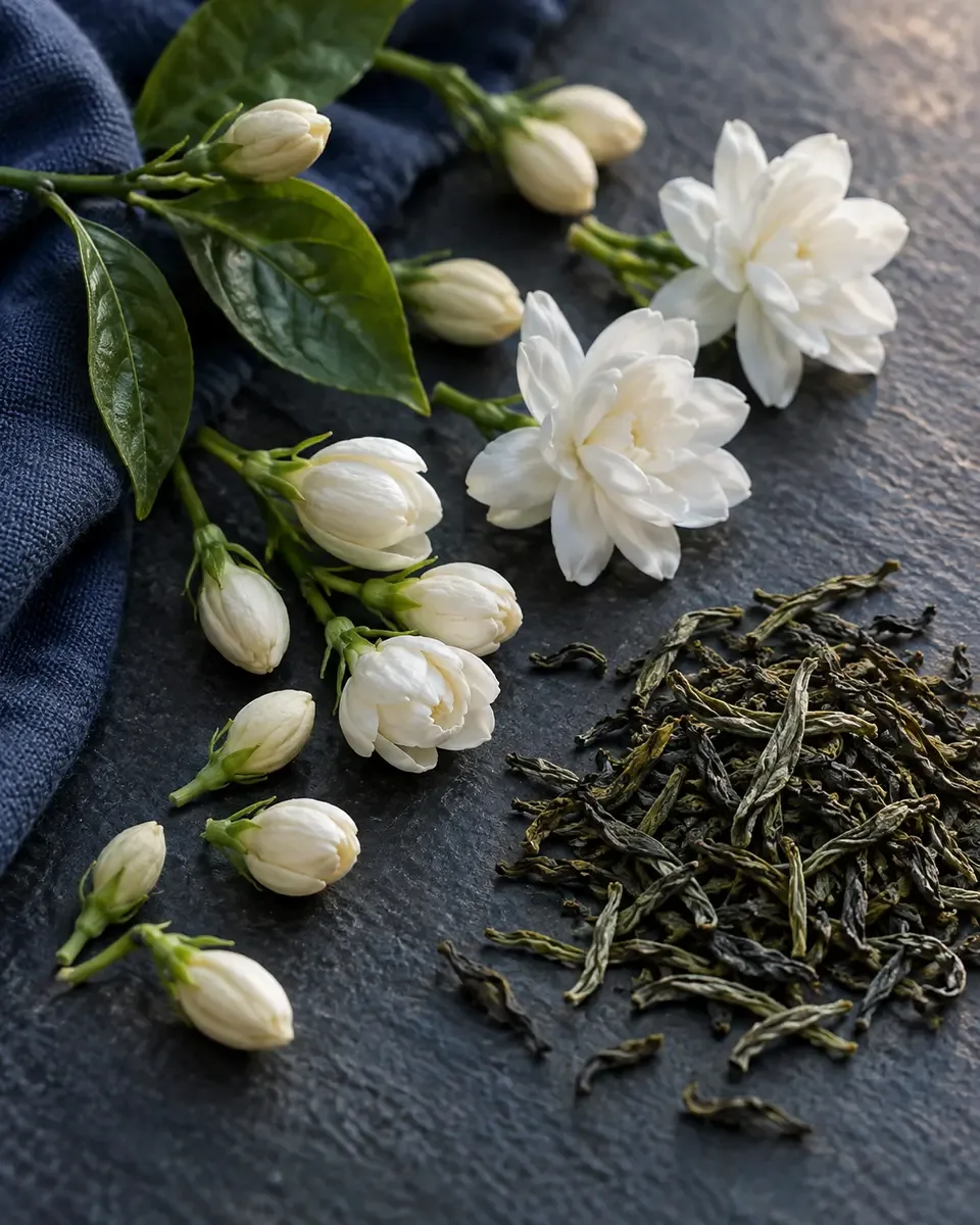 Nature morte imaginaire à l’aube montrant des boutons et des fleurs ouvertes de jasmin blanc frais près d’un petit tas de thé vert sec sur une ardoise sombre