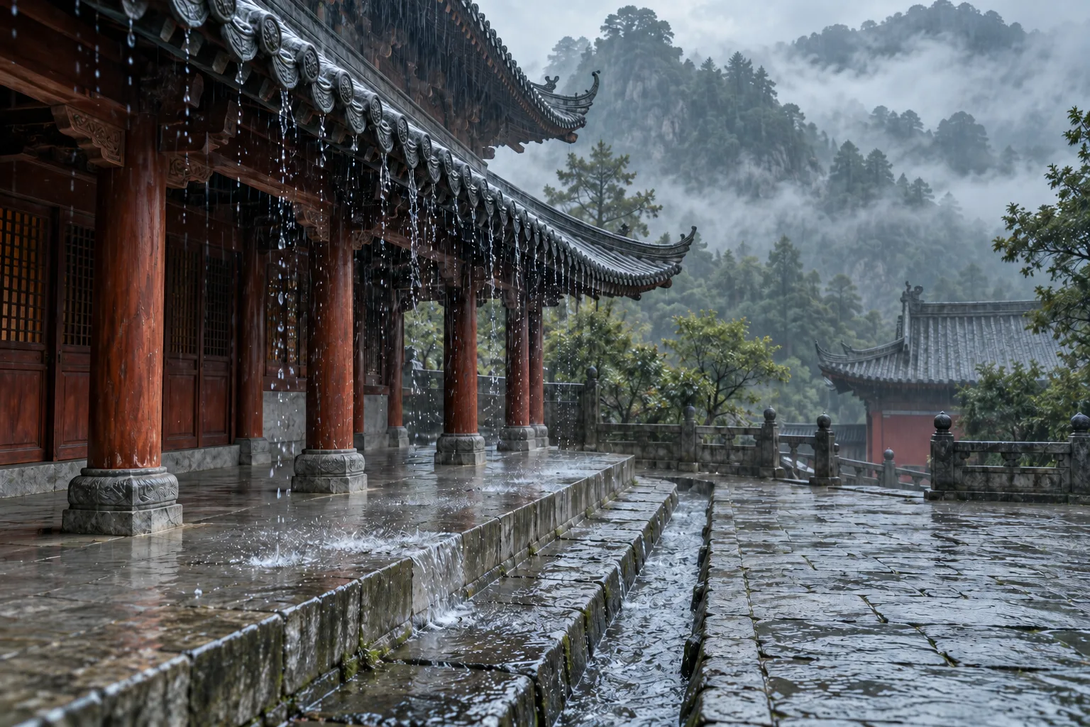 Photographie interprétative générée par IA d’une cour de temple fictive inspirée du Wudang sous la pluie, l’eau tombant des tuiles vers une rigole de pierre